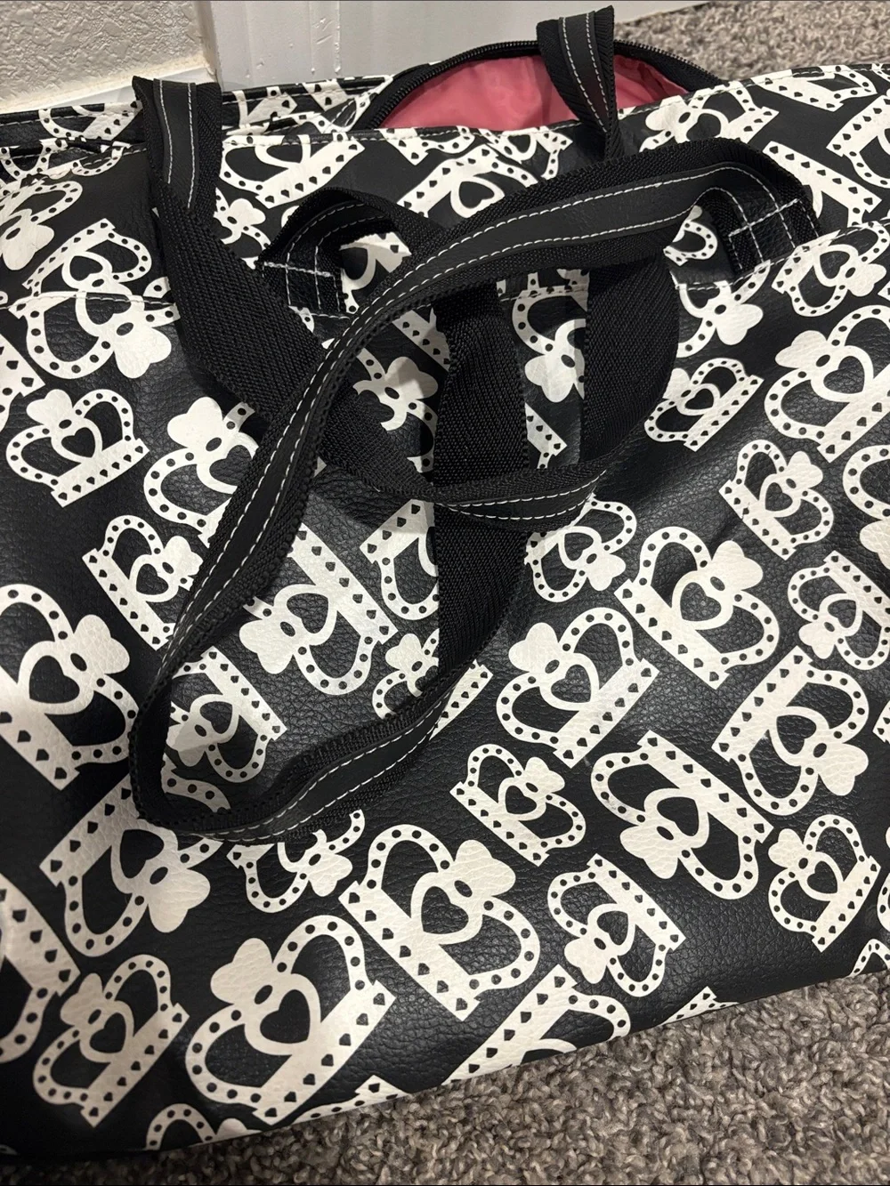 Kathy Van Zeeland Black and White Heart Print Duffel Bag